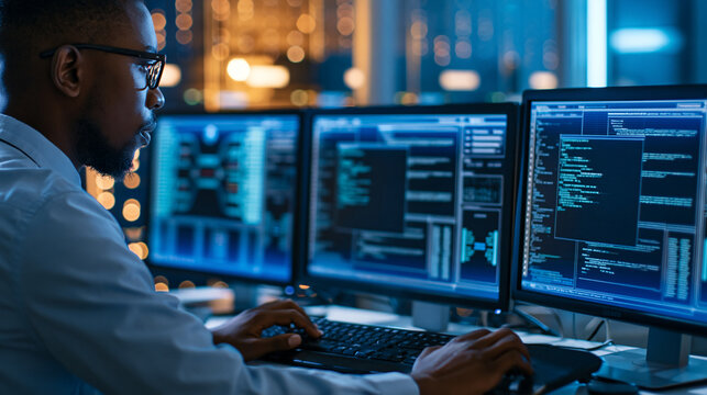 Faceless male software engineer focused on working on a machine learning model displayed across three monitors, Black specialist analyzing data outputs and tweaking parameters in