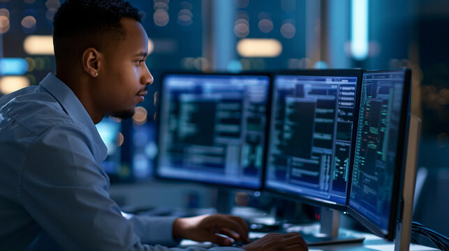 Faceless male software engineer focused on working on a machine learning model displayed across three monitors, Black specialist analyzing data outputs and tweaking parameters in