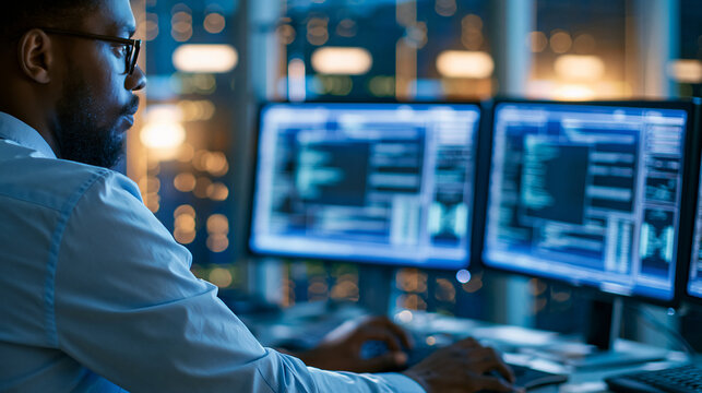 Faceless male software engineer focused on working on a machine learning model displayed across three monitors, Black specialist analyzing data outputs and tweaking parameters in