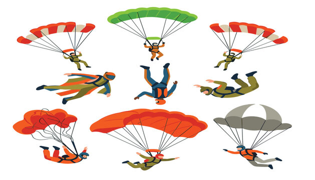 Skydivers and parachutists flying in sky with colorful parachutes extreme sports collection flat isometric vector illustration set isolated
