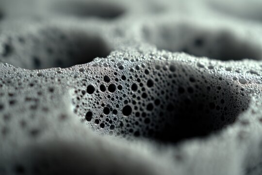 Close view of aggressive grey foam, bubbles of various sizes creating a detailed, dynamic surface