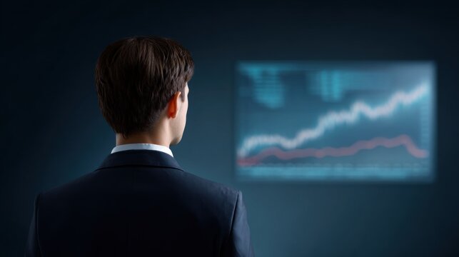 Man in a suit from back views blue and red stock market graphs on a large digital screen