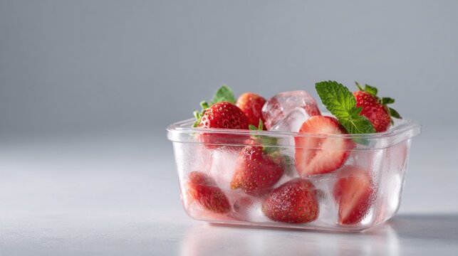 Ripe strawberries and ice with mint in a clear container for a delicious transparent ice cream