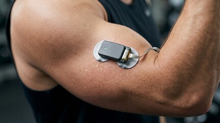 Fototapeta premium Man's arm with wearable fitness tracker attached, showing sweat and muscle definition in gym