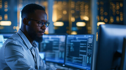 Fototapeta premium Faceless handsome African male IT engineer surrounded by office equipment, studying his computer display in a modern data center, reviewing system health and ensuring optimal