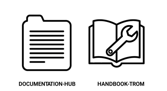 Documentation hub folder and repair handbook manual icon with wrench tool for technical support and maintenance instruction guides, documentation