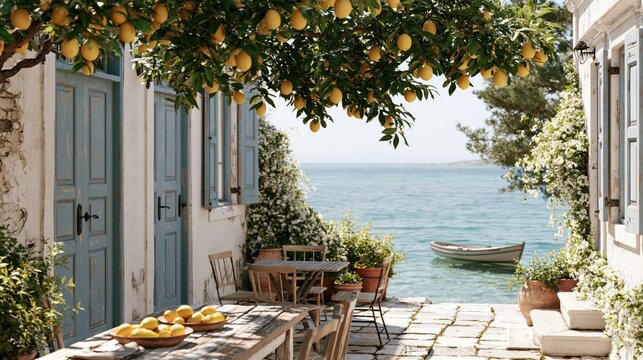 Med village terrace, lemons, white houses, boat on turquoise water