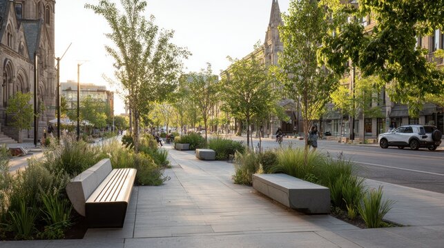 People walk and sit on benches along a green urban sidewalk next to a road with passing cars