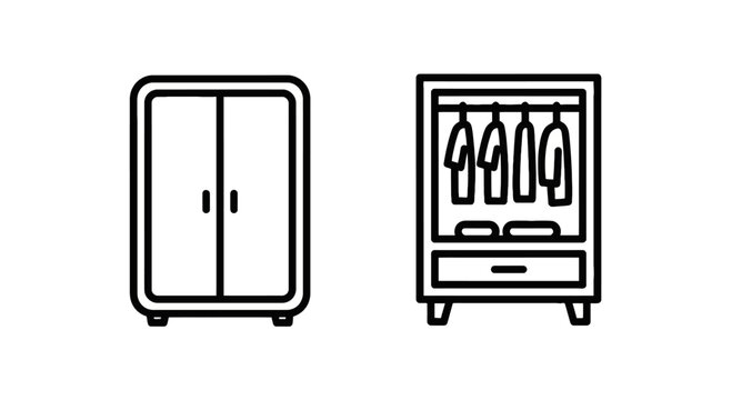Closed wardrobe and open closet icons with clothes and storage for home furnishing and organization home interior dressing room modern design