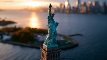 Fototapeta premium Aerial image of a famous harbor liberty monument at sunset, iconic patriotic statue standing on a harbor island with city skyline visible, defocused harbor waters in background,