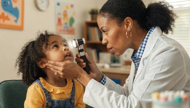 A female African American pediatrician examines a young girl's ear with an otoscope during a routine checkup in a colorful child-friendly clinic room.