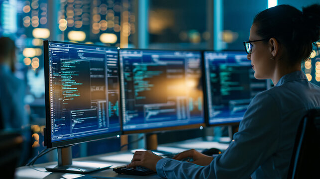 Faceless female developer working on developing a visual AI model across three monitors in a glass-enclosed data center office, carefully adjusting lines of code, defocused server