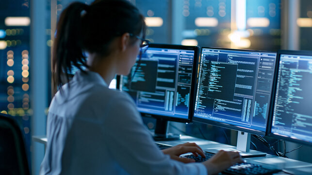 Faceless female developer working on developing a visual AI model across three monitors in a glass-enclosed data center office, carefully adjusting lines of code, defocused server