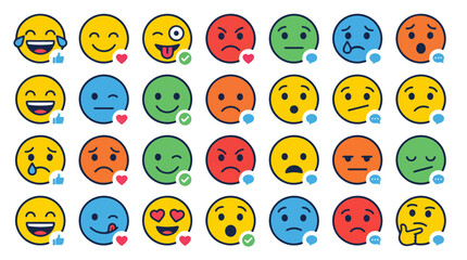 Fototapeta premium Collection of colorful circular emoji faces showing emotions