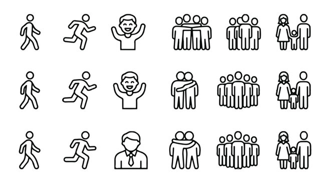 Set of diverse human activity and movement icons in black and white
