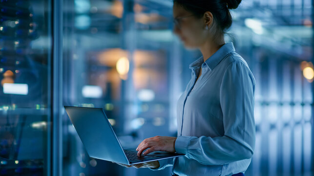 Faceless Asian female systems administrator standing in a glass office, using a laptop to adjust configuration settings and operate cloud servers for AI training, defocused server