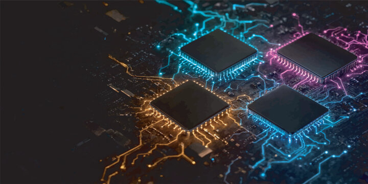 Blue and Gold Processor Chip with Glowing Electronic Circuit Connections Advanced Computing Technology Background
