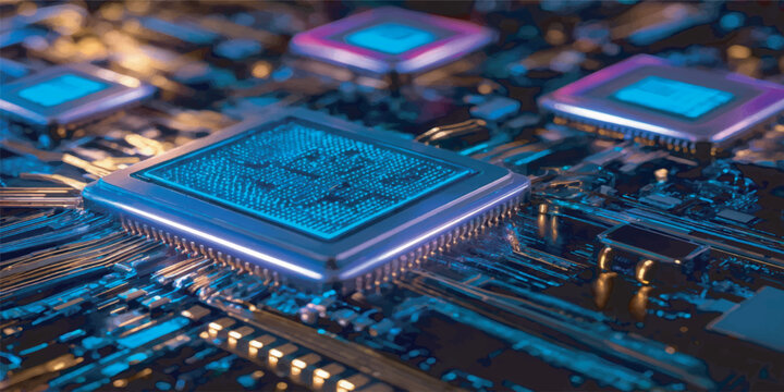 Glowing AI Microchip on Futuristic Motherboard with Digital Processor and Electronic Circuit Technology Background