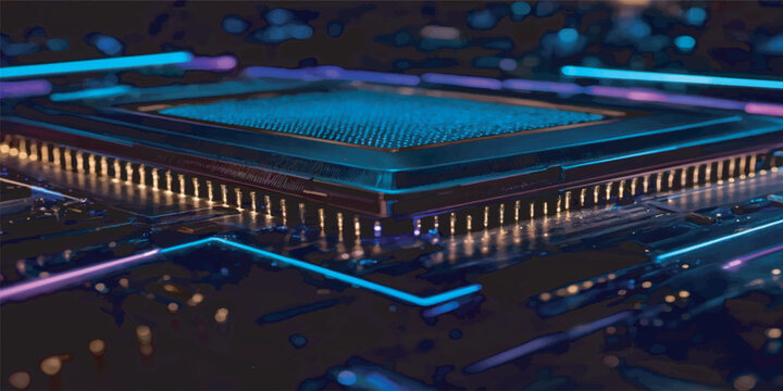 Close Up Blue CPU Processor on Electronic Circuit Board with Advanced Microchip Digital Computing Technology Background