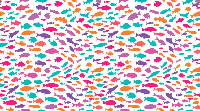 Colorful Seamless Pattern with Underwater Fish Silhouettes for Aquarium Branding, Children Swimmwear, Summer Wrapping Paper, and Marine Textile Designs