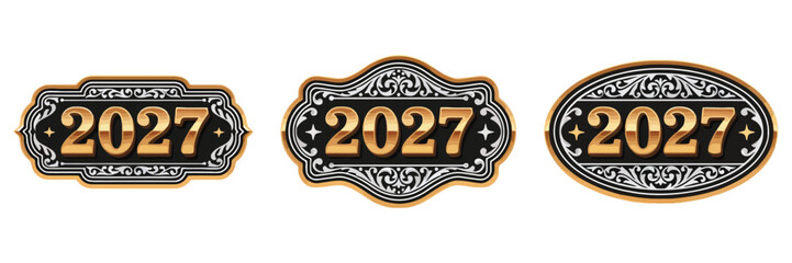 Obraz premium Cowboy Badge Label Featuring Classic Old West Buckle, Decorative Floral Border and Editable Vector Artwork