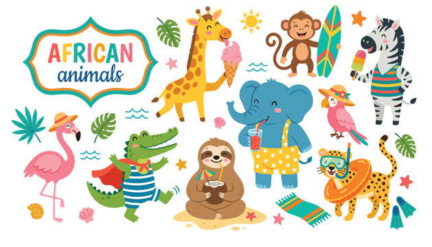 Cute cartoon African animals summer beach vacation character set with giraffe elephant monkey zebra flamingo crocodile vector illustration isolated