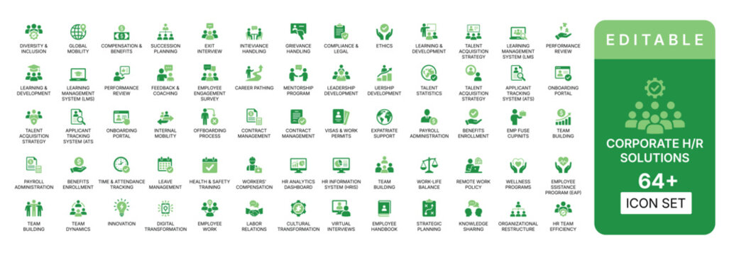 Corporate HR solutions Icon set with 64 plus human resources, fully editable 