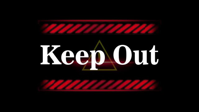 Keep Out Warning Sign with Glowing Red Hazard Stripes and Triangle on Black Background