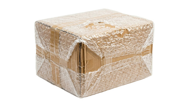 Cardboard Shipping Package Wrapped in Protective Bubble Wrap Isolated on White