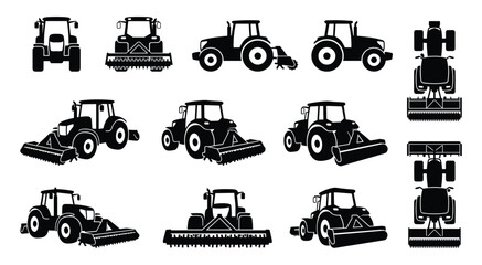Obraz premium Agricultural Tractor with Mower and Cutter Attachment Silhouette Set — Farm Machinery Vector Icons Isolated 