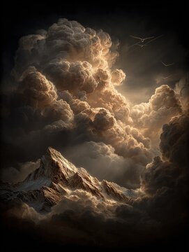Majestic mountain peaks surrounded by dramatic clouds with golden glow and birds in the sky
