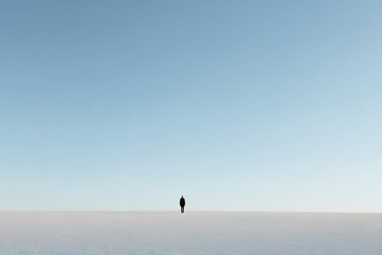 Lonely person walking across a vast white plain under a clear blue sky in a minimalist composition