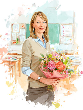 Watercolor portrait of a smiling female teacher with a bouquet of flowers in a school classroom with a blackboard in the background