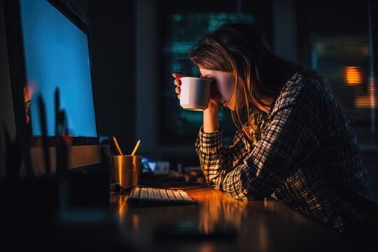 Tired woman drinking coffee at night at a computer in a dark office with dramatic lighting