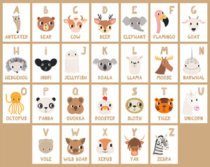 Fototapeta premium Cute animals, English alphabet, ABC letters cards, flashcards. Wildlife cartoon characters. Kids preschool, school educational, learning materials. Hand drawn flat vector illustration, design element