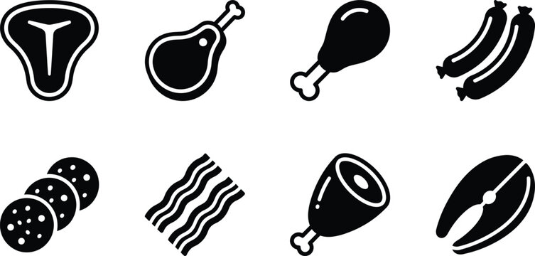 meat icon set with steak sausage bacon cutlet and chicken drumstick silhouette symbols