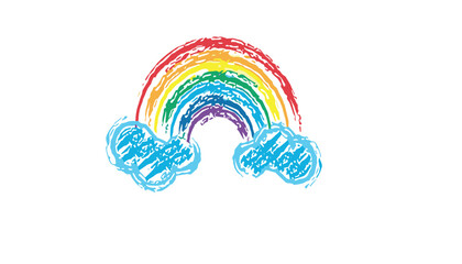 Colorful hand drawn crayon texture rainbow and clouds vector illustration design element isolated on a white background © Ruma