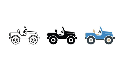 Offroad jeep vehicle icon set with linear black and blue colored styles for automotive transportation and adventure travel branding isolated on white background for web and mobile design © TARU STOCKPLC