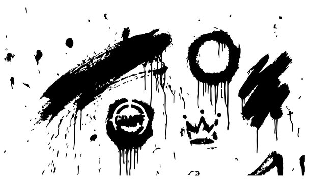 Grunge black ink spray paint splatters, urban graffiti brush strokes with dripping liquid, hand drawn crown and circle street art elements