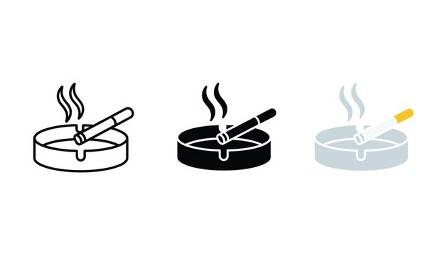 Three smoking cigarette in an ashtray icons presenting outline solid and colored vector illustration styles