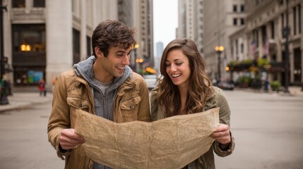 Fototapeta premium A young couple is happily navigating a city street using a traditional paper map. They are smiling and engaged in finding their way, embodying the spirit of travel and urban exploration.