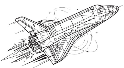 Space shuttle line art vector illustration for coloring page with spacecraft engines and stars in flight © Andikia
