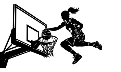 Minimalist Black Silhouette of Girl Slam Dunking on White Background © TXPHIC