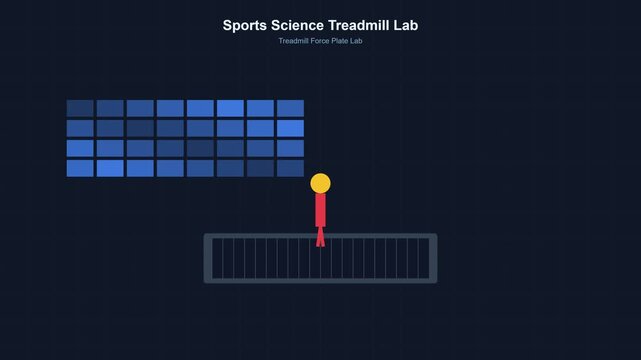 Sports science treadmill lab animation: biomechanics gait analysis and motion tracking