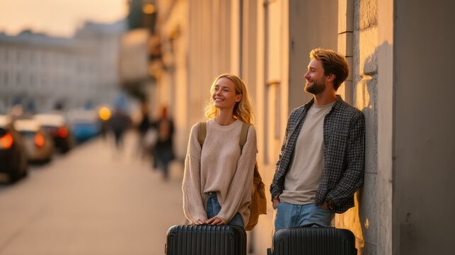 This captures a happy couple traveling with their luggage on a city street during sunset. The warm golden hour light illuminates the scene.