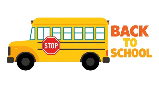 Bright yellow school bus with stop sign and back to school text on white background