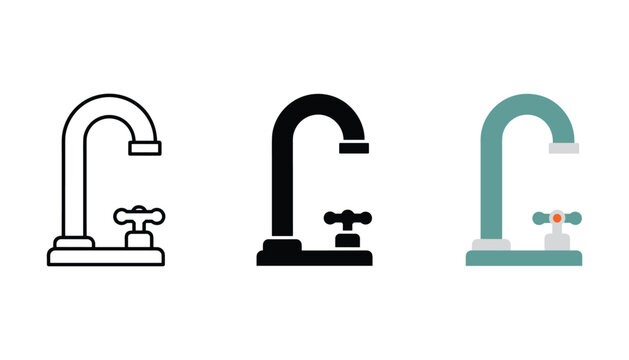 Water faucet icons featuring line art solid black and flat color design for plumbing and home improvement branding