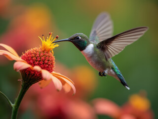 Obraz premium Hummingbird hovering over bright orange flowers