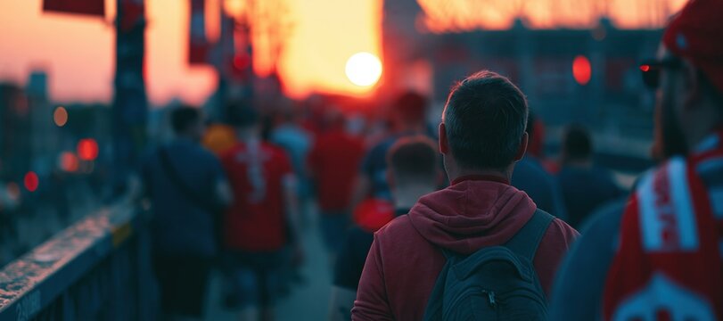 Fans walking across pedestrian bridge toward stadium at sunset