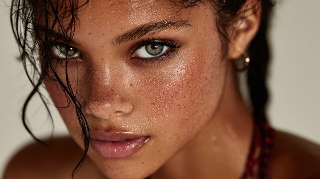 A close up portrait captures a woman s face with visible sweat droplets, freckles, and wet hair. Her skin appears dewy and fresh, highlighting concepts of hydration, natural beauty, and wellness.